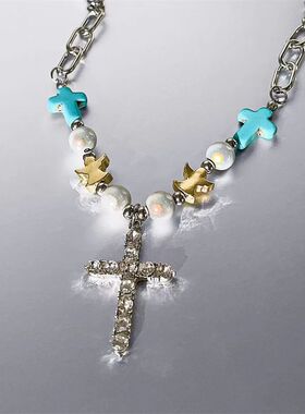 复古绿松石珠子十字架项链