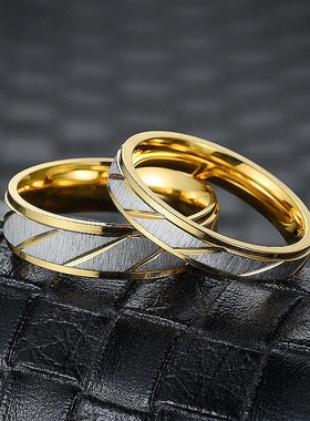 钛钢不掉色斜纹18K间黄金色戒指