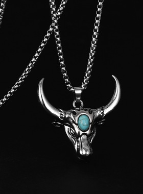 复古松石吊坠霸气牛头项链