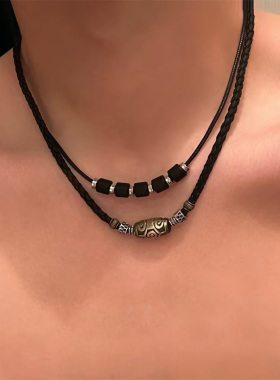 可调节编织蜡绳天珠藏青复古项链