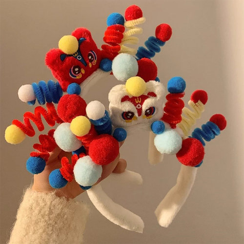 扭扭棒发箍女可爱毛绒洗脸发卡头饰红色国潮醒狮新年头箍秋冬发饰 - 图2