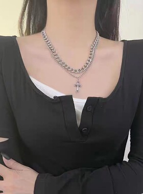 暗黑风复古双层叠戴十字架项链
