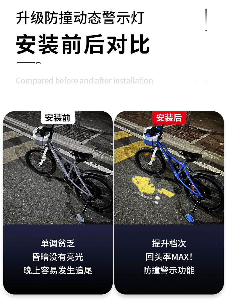 儿童自行车氛围灯夜骑电动摩托车投影灯滑板平衡车动态卡通警示灯 - 图3