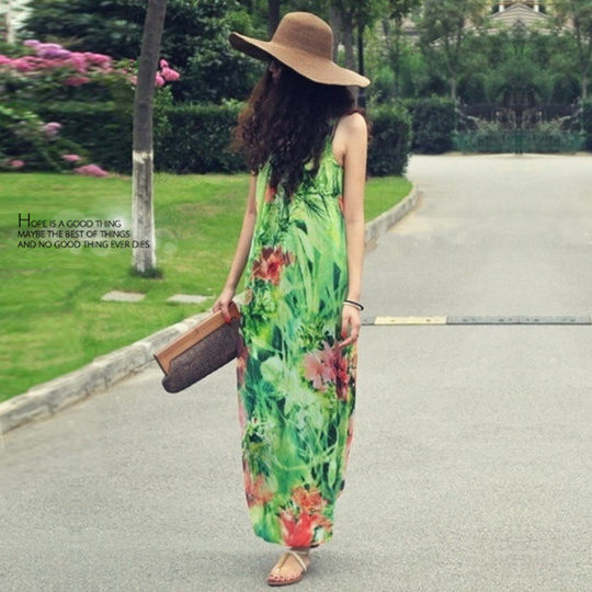 Extra long beach printed suspender dress for vacation