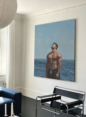 蓝天肌肉男高清装饰画卧室挂画喷绘油画房间室内挂墙靠墙轻熟写生