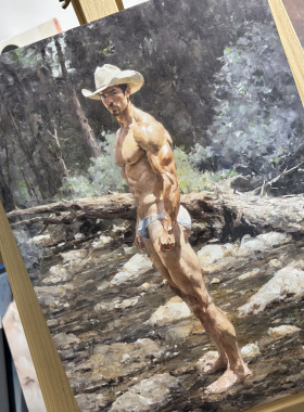 山林溪流牛仔油画装饰画健壮肌肉男写实艺术挂画卧室书房背景墙画