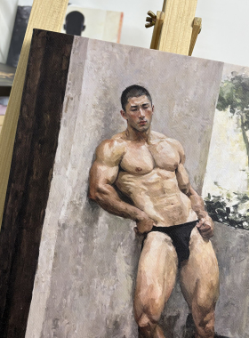 厚重笔触写实力量感人物挂画肌肉男士小众男士公寓SPA馆装饰油画