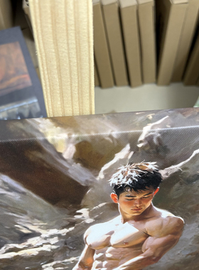 岩石溪流场景男性人体艺术挂画写实油画人像小众高级感公寓装饰画