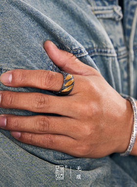 男纯银复古镶金戒指3期免息