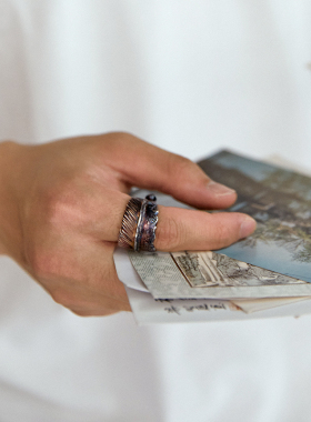 涅槃重生-99足银戒指羽毛镶金银饰品原创设计手工定制男女礼物