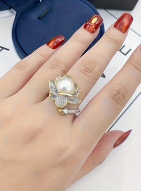 精致分色莲花仿珍珠戒指款国潮森系轻奢复古冷淡风开口可调节指环