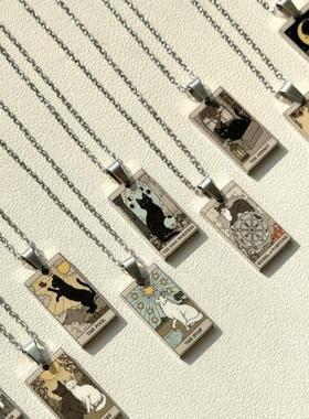 不掉色复古猫猫塔罗牌吊坠项链