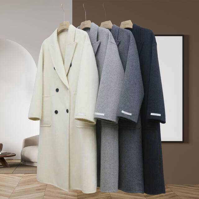 韩版秋冬季双面羊毛大衣双排扣宽松小个子长款气质通勤呢子外套女