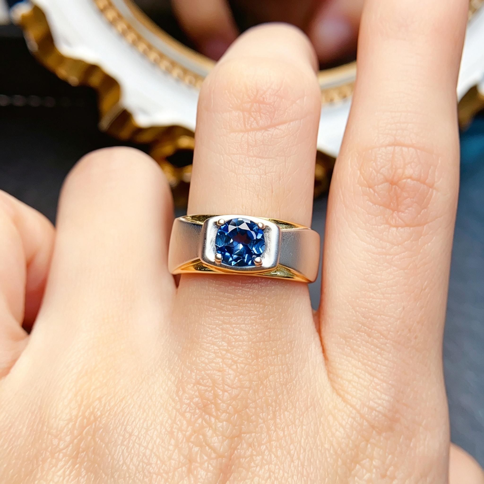 Swiss blue natural topaz index finger ring for men and women