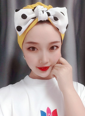 姜黄色波点蝴蝶结产妇甜美帽子