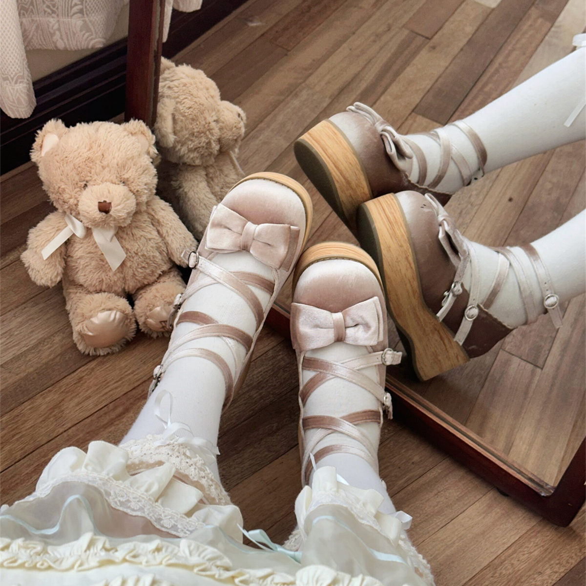 定金丨松糕塔塔丝绒SP丨摩多modo原创Lolita蝴蝶结圆头厚底松糕鞋 - 图3
