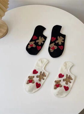 小熊袜子女短袜纯棉夏季薄款潮网红款浅口防滑不掉跟女士船袜夏天