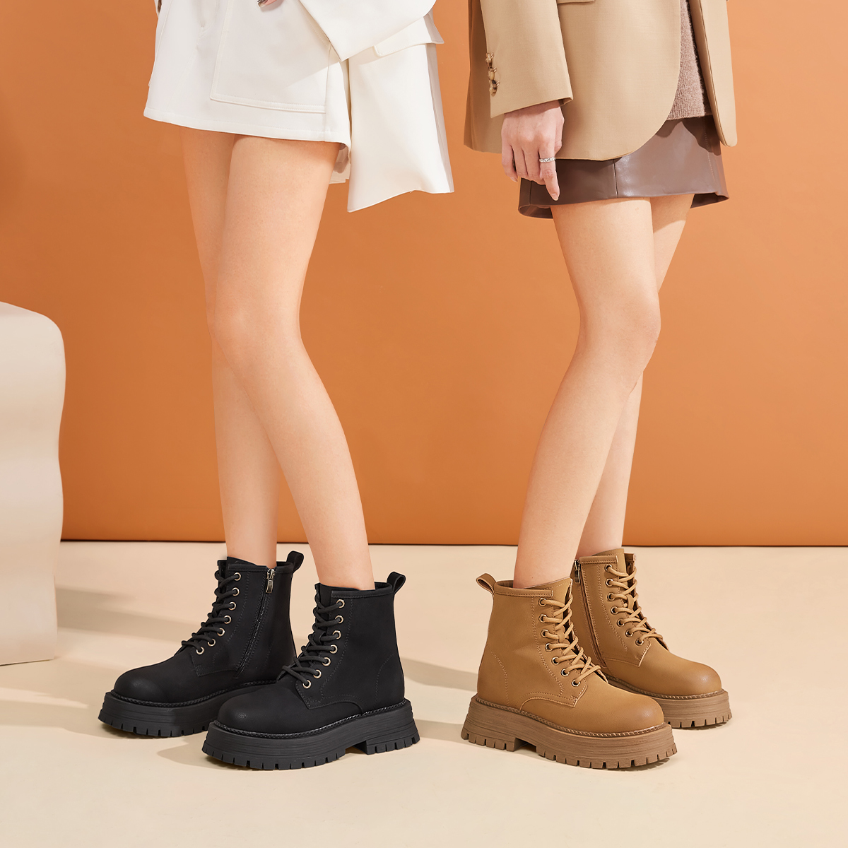 骆驼女鞋2025春季新款厚底真皮马丁靴女加绒短靴增高保暖靴子女