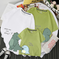 Small dinosaur pro-loading short sleeve family of three-mouth cartoon pure cotton t-shirt large code fried street mother and daughter dress foreign air