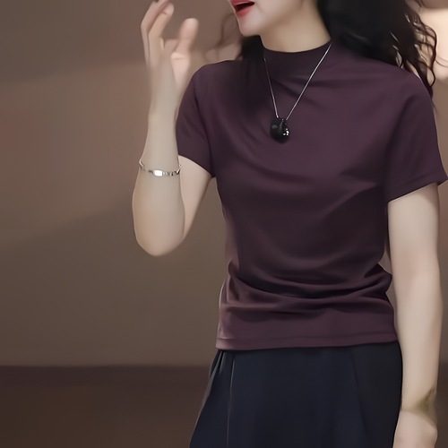 莱赛尔天丝面膜T女2026夏季新款小立领短袖正肩百搭气质显瘦上衣 - 图1