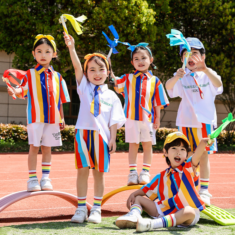 六一儿童啦啦队演出服小学生运动会服装幼儿园彩条衬衫舞蹈表演服-图0