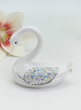 珐琅彩合金手工镶钻天鹅情侣装饰摆件家居创意首饰盒生日礼物