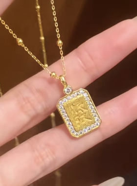 新中式国潮风发财牌项链古法拉丝招财纳福暴富麻将牌吊坠锁骨链女