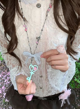 玫瑰藤蔓蝴蝶结爱心钥匙项链女甜美少女风可爱小众百搭吊坠链