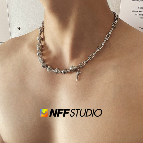 NFF星芒白耀冰裂玉珠钛钢拼接项链男高级感轻奢小众嘻哈潮锁骨链 - 图0