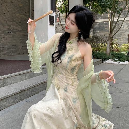 Blovelan青青子衿 气质婉约国风印花拼接不规则挂脖连衣裙旗袍夏 - 图1