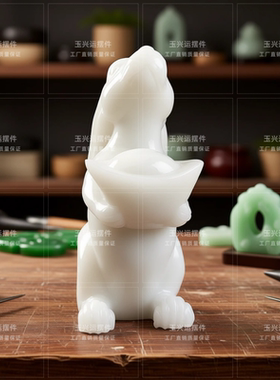 白玉玉兔元宝招财摆件