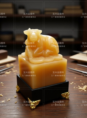 天然米黄玉牛玉玺摆件招财纳福