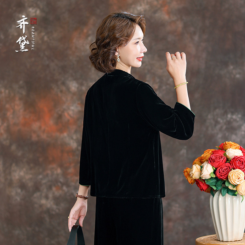 齐黛重要场合丝绒上衣女2025秋季新款刺绣V领长袖真丝桑蚕丝衬衫