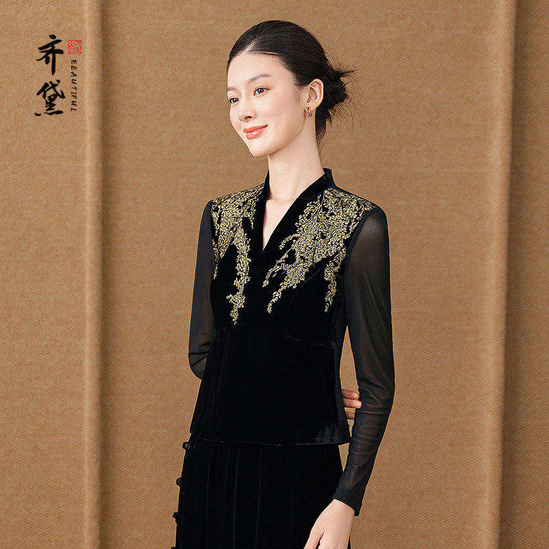 齐黛高端品牌丝绒真丝上衣年轻款2025秋冬新款V领长袖桑蚕丝衬衫