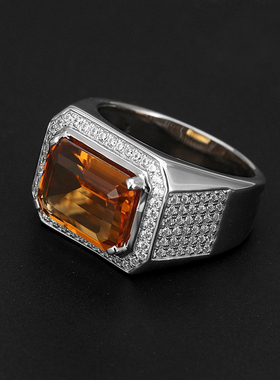 轻奢精工天然黄水晶戒指男纯银