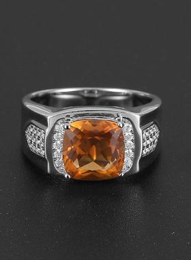 天然黄水晶925银镀金戒指男