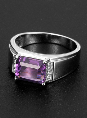 小众设计925银紫水晶戒指男