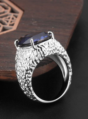 银镀金蓝宝石欧美戒指男免费刻字