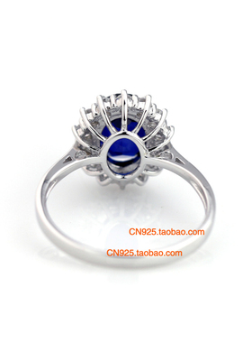 戴妃款蓝宝石戒指女纯银镀白金