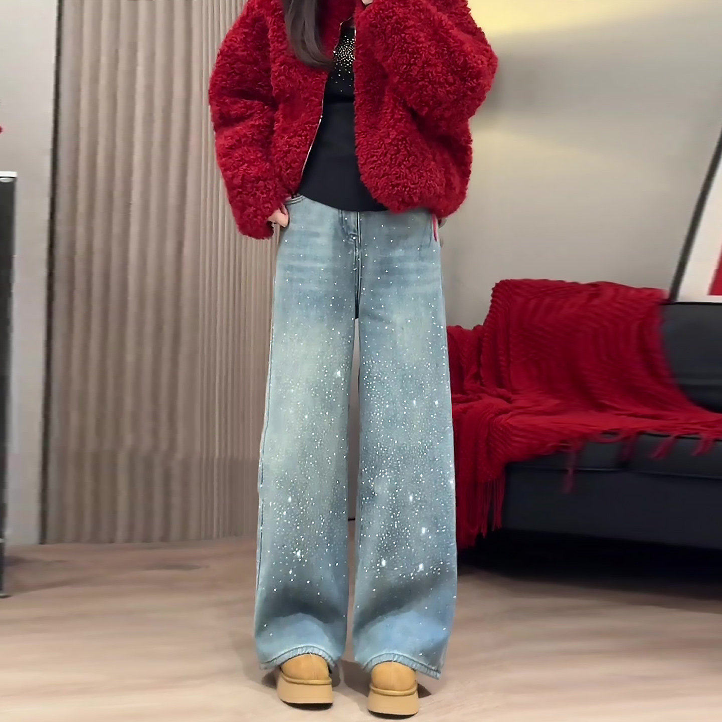 复古蓝色爆闪烫钻阔腿牛仔裤女2026春季新款小个子巨好看直筒裤子,淘宝优惠券,粉丝福利购,淘宝优惠卷