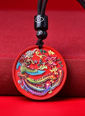 天然原矿保真朱砂凤凰彩绘毛衣链项链本命年转运红色首饰新年礼物