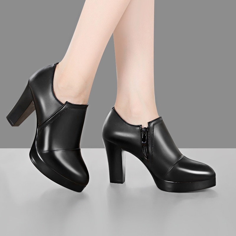 牛皮卷高跟深口单鞋女粗跟2025新款加绒防水台旗袍走秀鞋职业工鞋,淘宝优惠券,粉丝福利购,淘宝优惠卷