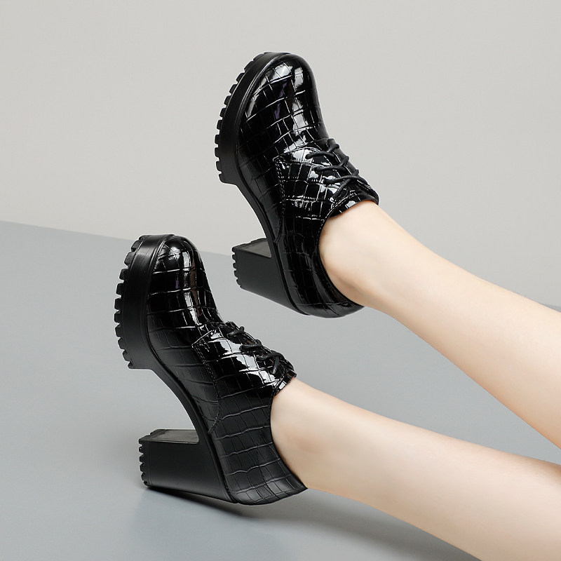 高跟鞋秋冬女粗跟2025新款鳄鱼纹花皮系带单鞋防水台大码深口皮鞋,淘宝优惠券,粉丝福利购,淘宝优惠卷