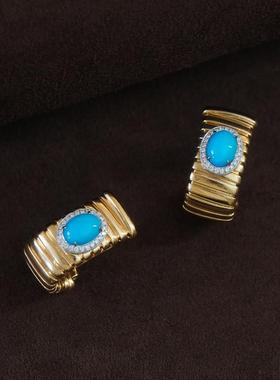 已出欣赏天然绿松石18K复古原矿绿松石钻石耳扣戒指套装