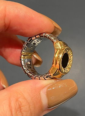 有生珠宝经典百搭vintage黑玛瑙弹簧戒指18k金钢宽版戒指