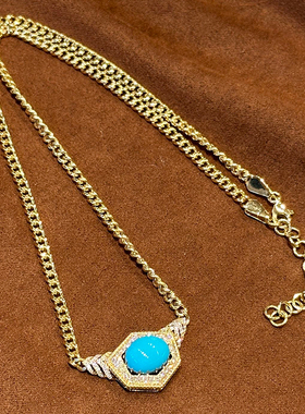 有生珠宝原矿睡美人绿松石项链古巴链18k金钻石复古绿松石项链