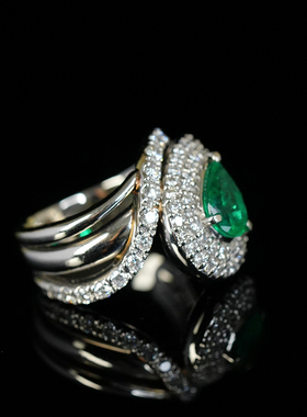 有生珠宝 天然哥伦比亚祖母绿水滴祖母绿钻石戒指铂金vvg祖母绿