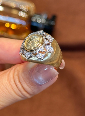 有生珠宝收藏级琥珀金阿波罗与月神古币戒指18k金拉丝可翻转戒指