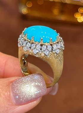 有生珠宝美国原矿睡美人绿松石戒指18k厚金拉丝复古钻石设计戒指