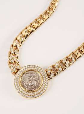 有生珠宝超级重磅大力神古币项链18k厚金钻石镶嵌渐变大金古币链